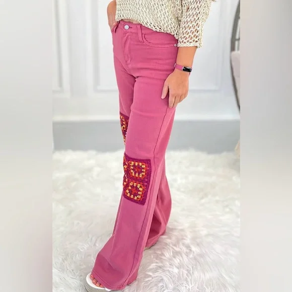Judy Blue Pink Wide-Leg Jeans with Crochet Patches with all the stretch. - Picture 5 of 6